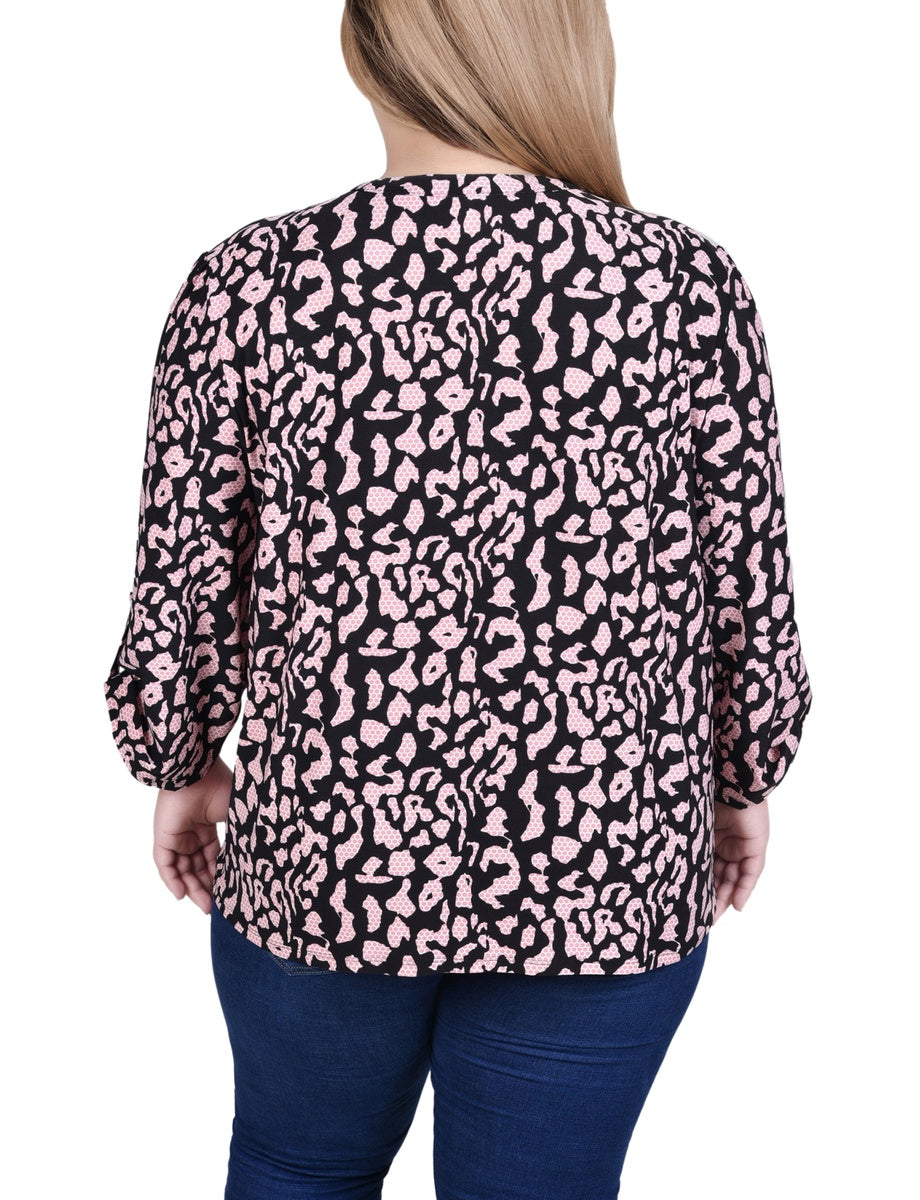  NY Collection Plus Size Long Sleeve Pintuck Front Top With Chain Details - Animal Lilas Dot - Bonton