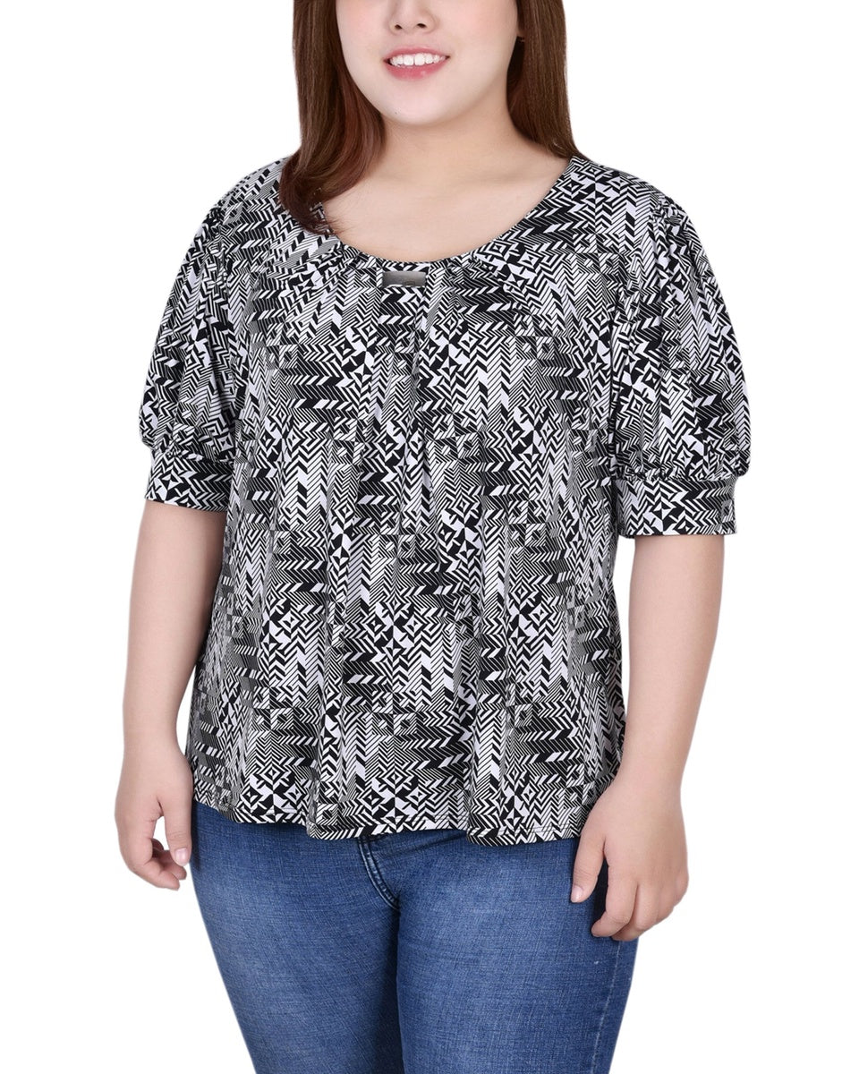  NY Collection Short Sleeve Balloon Sleeve Top - Black White Boxes - Bonton