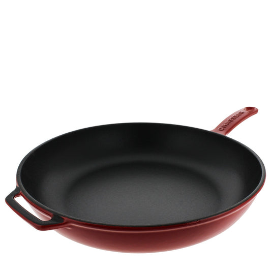 French Enameled Cast Iron Fry Pan With Cast Iron Handle and Glass Lid, 11-Inch, Red