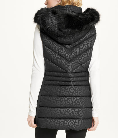 Zip Front Vest with Faux Fur Trim Hood Black