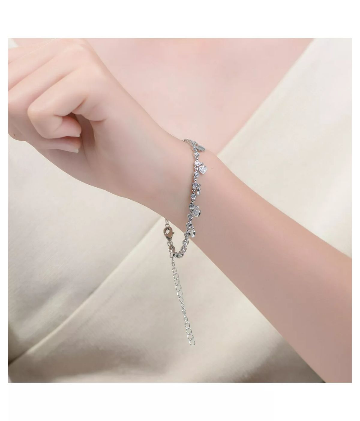 Rhodium Plated Cubic Zirconia Adjustable Heart Bracelet