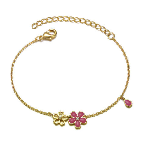 Kids 14k Gold Plated Pink Flower Charm Bracelet