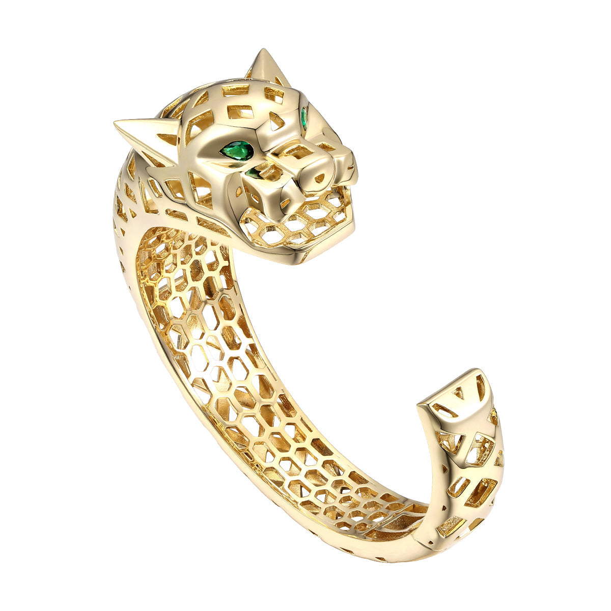  Genevive 14k Gold Plated Sterling Silver With Emerald Cubic Zirconia Jaguar Open Cuff Bangle Bracelet - Emerald - Bonton