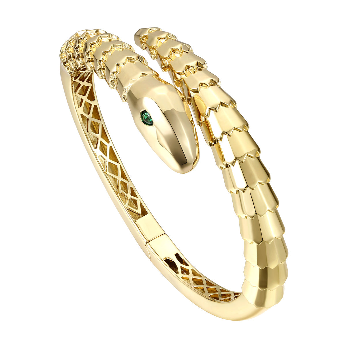  Rachel Glauber 14k Gold Plated With Emerald Cubic Zirconia Textured Coiled Serpent Bypass Bangle Bracelet - Emerald - Bonton