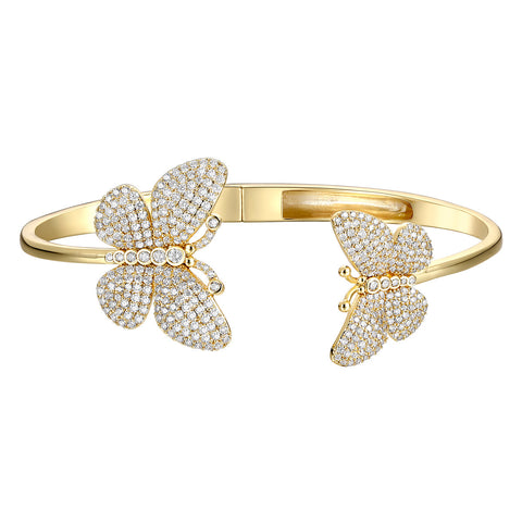 14k Gold Plated With Cubic Zirconia French Pave Butterfly Open Cuff Bangle Bracelet