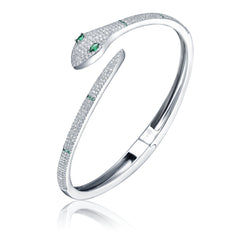 White Gold Plated With Emerald & Cubic Zirconia Snake Bypass Coil Wrap Bangle Bracelet