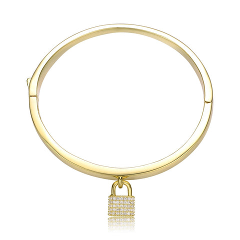 14k Gold Plated With Cubic Zirconia Padlock Charm Stacking Bangle Bracelet