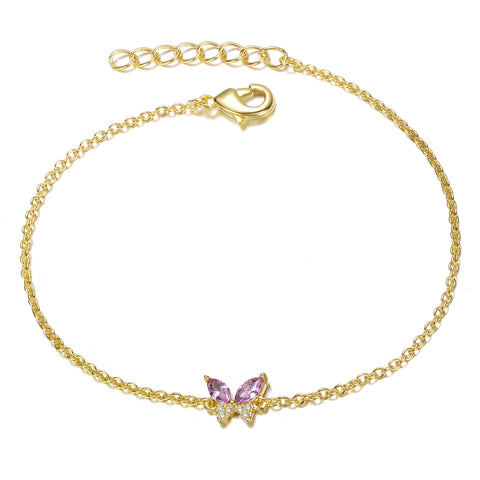 GiGiGirl 14k Gold Plated With Pink Cubic Zirconia Butterfly Charm Bracelet