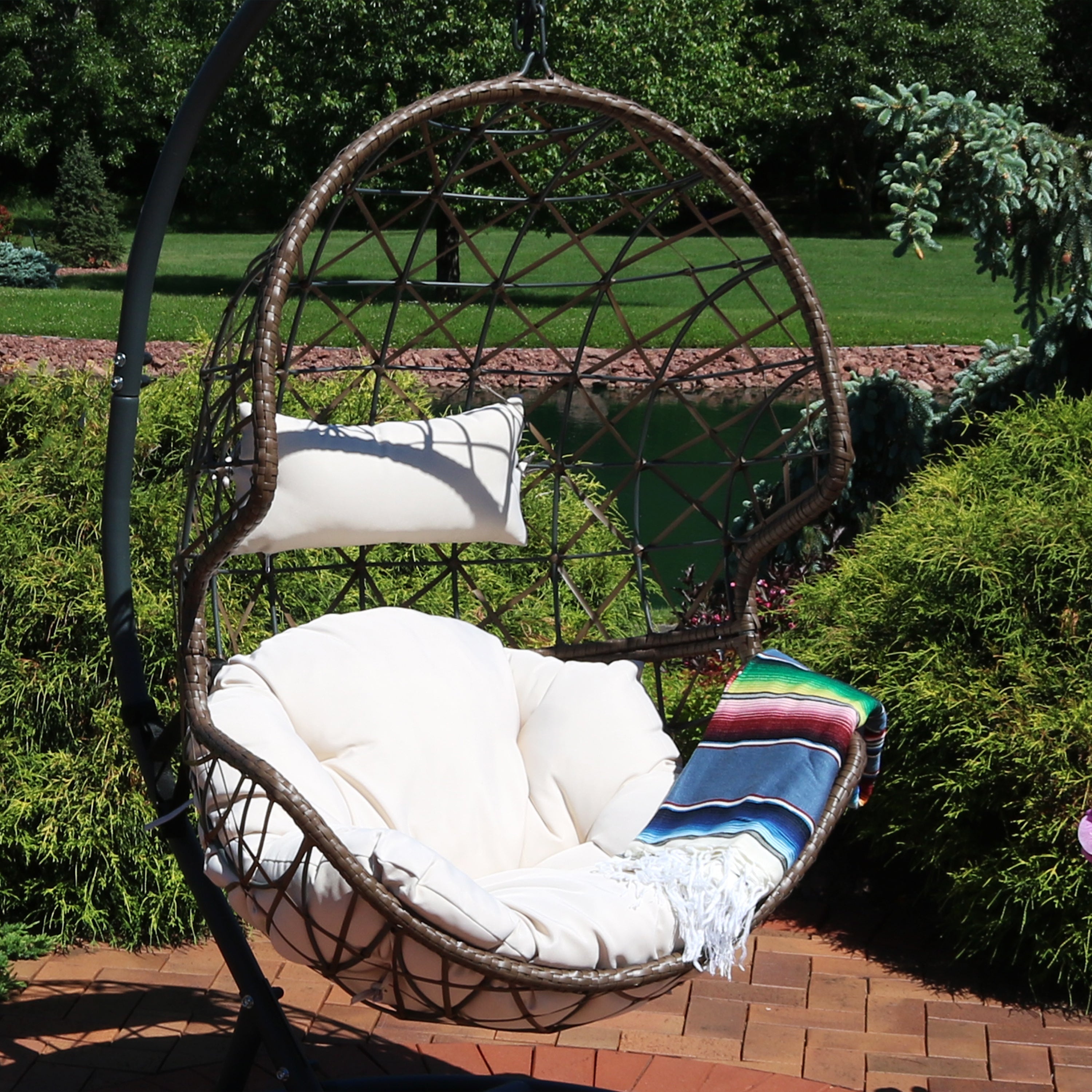  Sunnydaze Decor Danielle Hanging Basket Egg Chair Swing with Cushion 2 Piece Set - Beige - Bonton