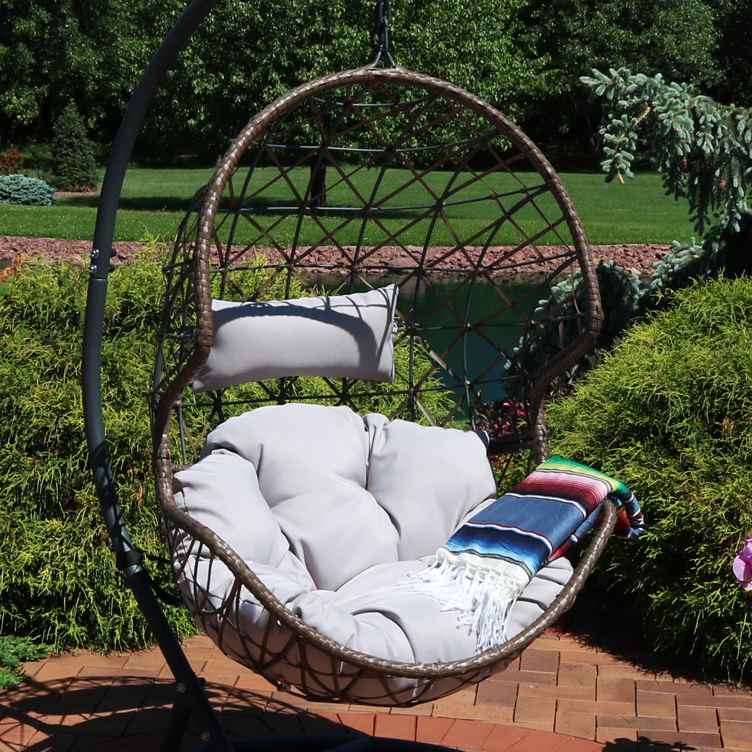  Sunnydaze Decor Danielle Hanging Basket Egg Chair Swing with Cushion 2 Piece Set - Beige - Bonton