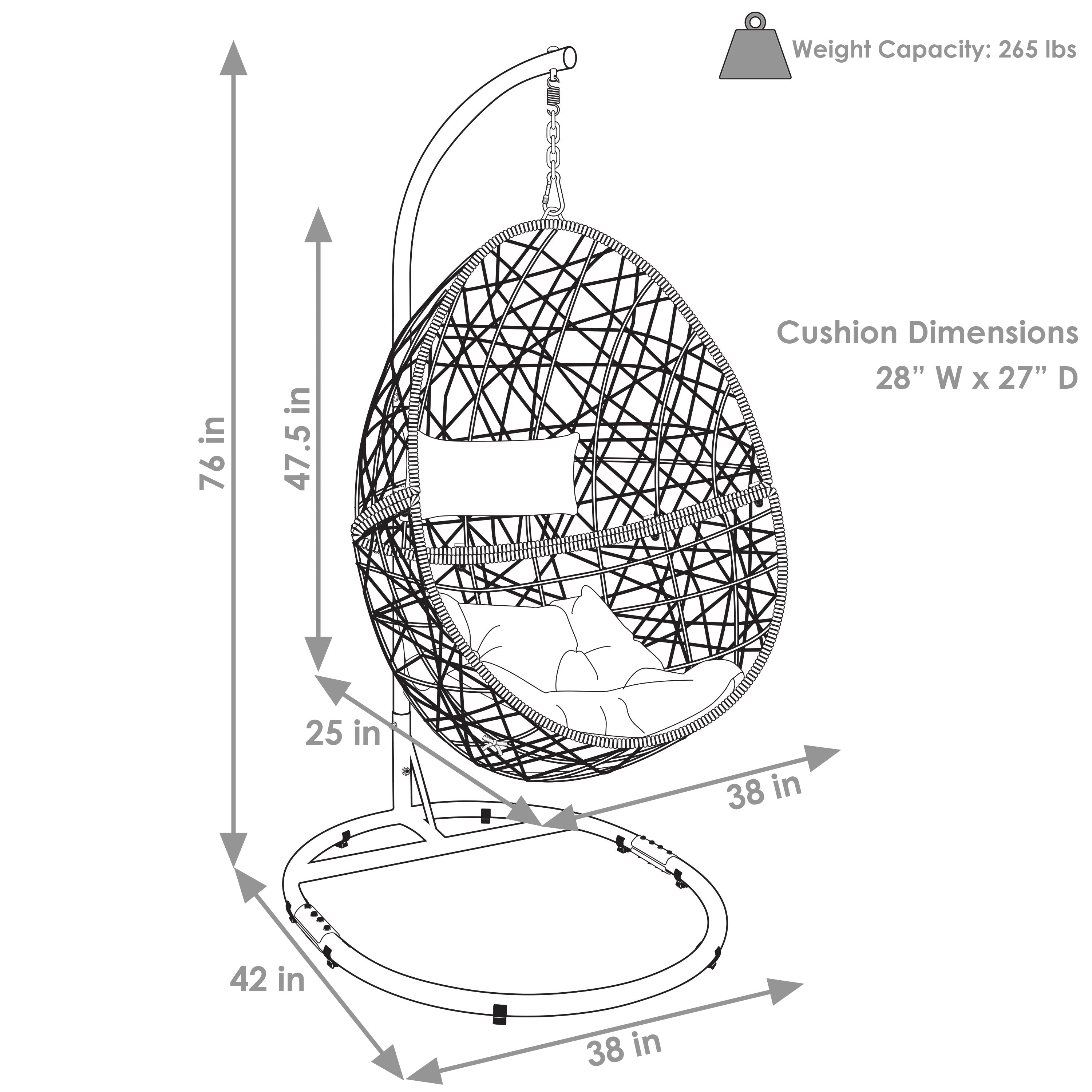  Sunnydaze Decor Caroline Lounge Hanging Basket Egg Chair Swing with Cushions and Stand 3 Piece Set - Gray - Bonton