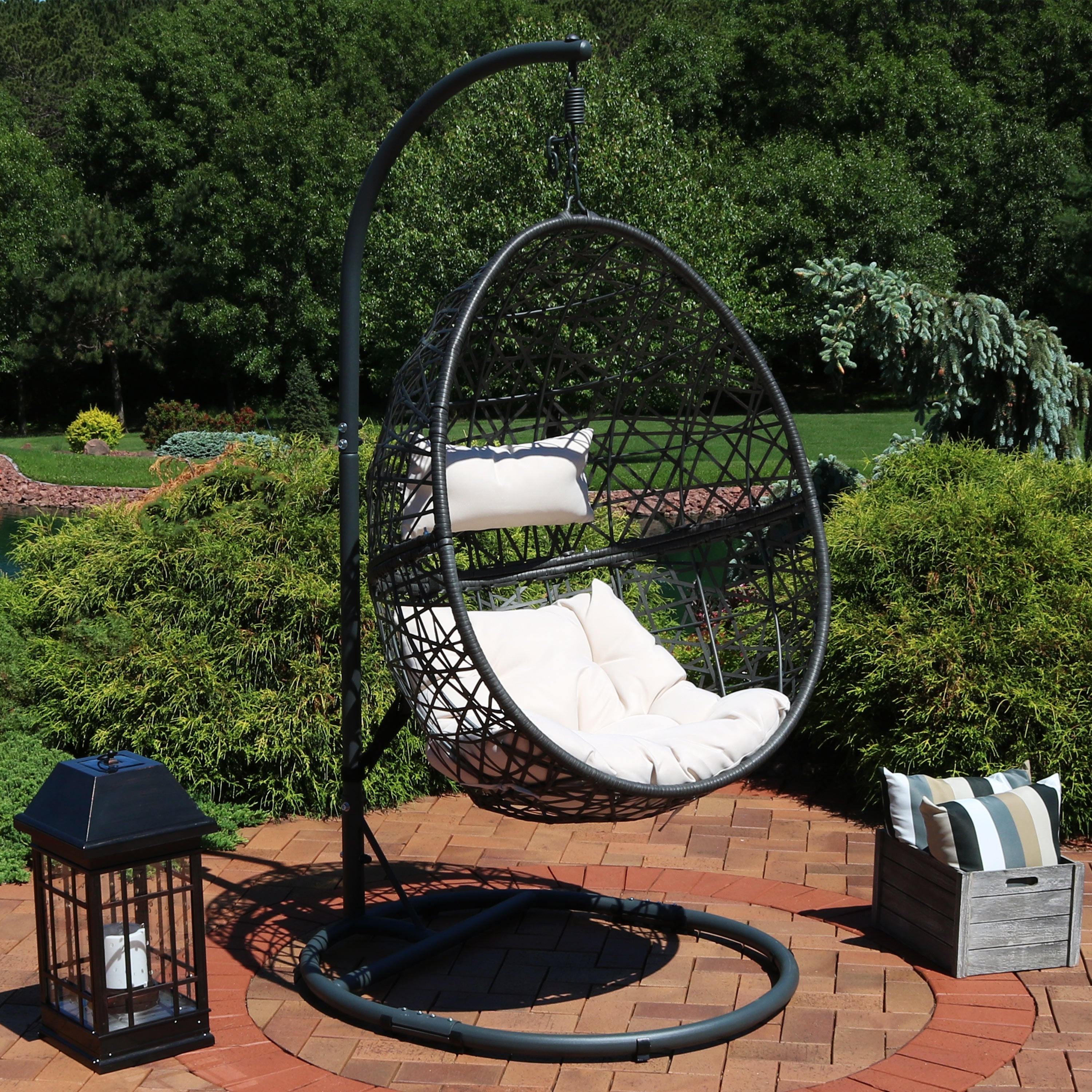  Sunnydaze Decor Caroline Lounge Hanging Basket Egg Chair Swing with Cushions and Stand 3 Piece Set - Gray - Bonton