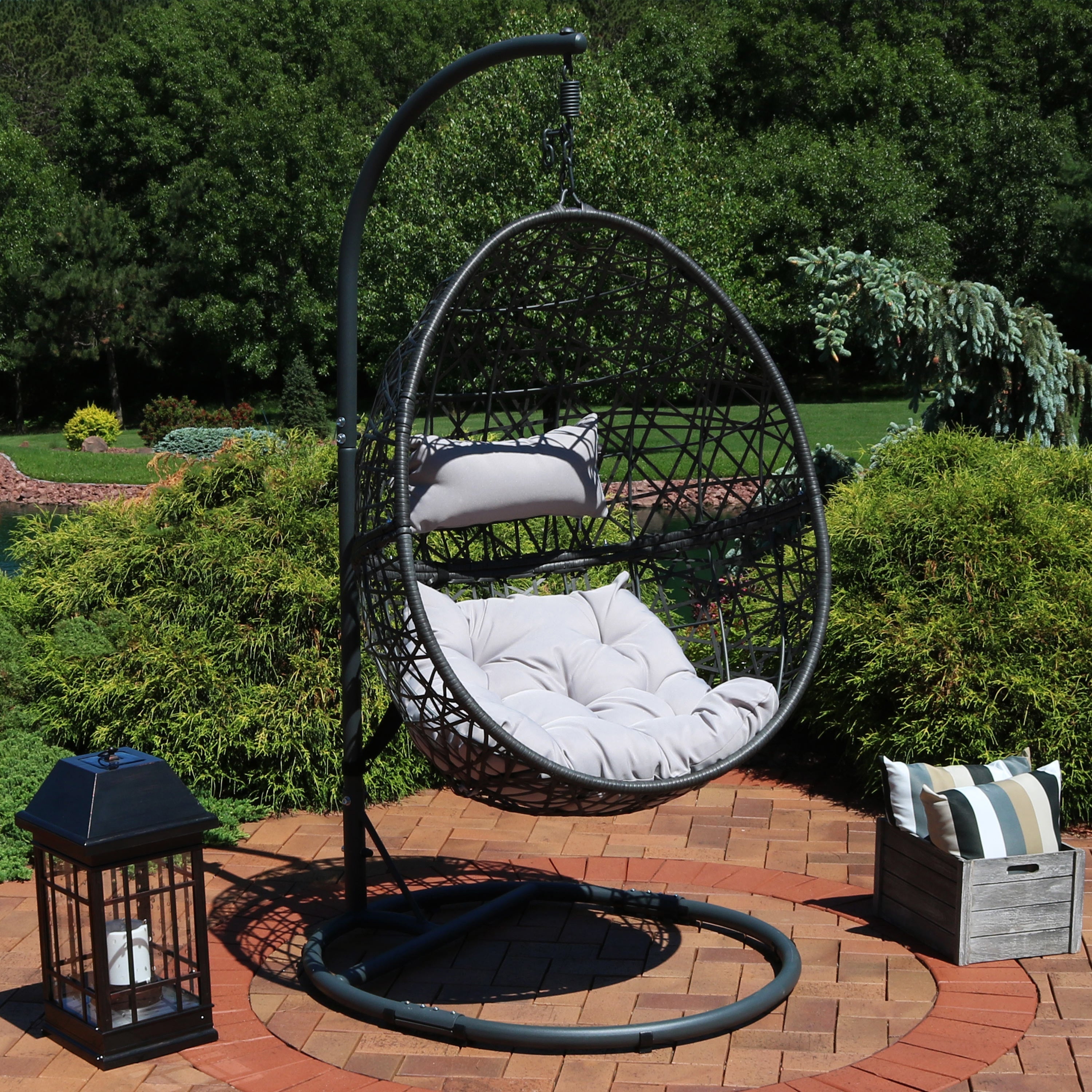  Sunnydaze Decor Caroline Lounge Hanging Basket Egg Chair Swing with Cushions and Stand 3 Piece Set - Gray - Bonton