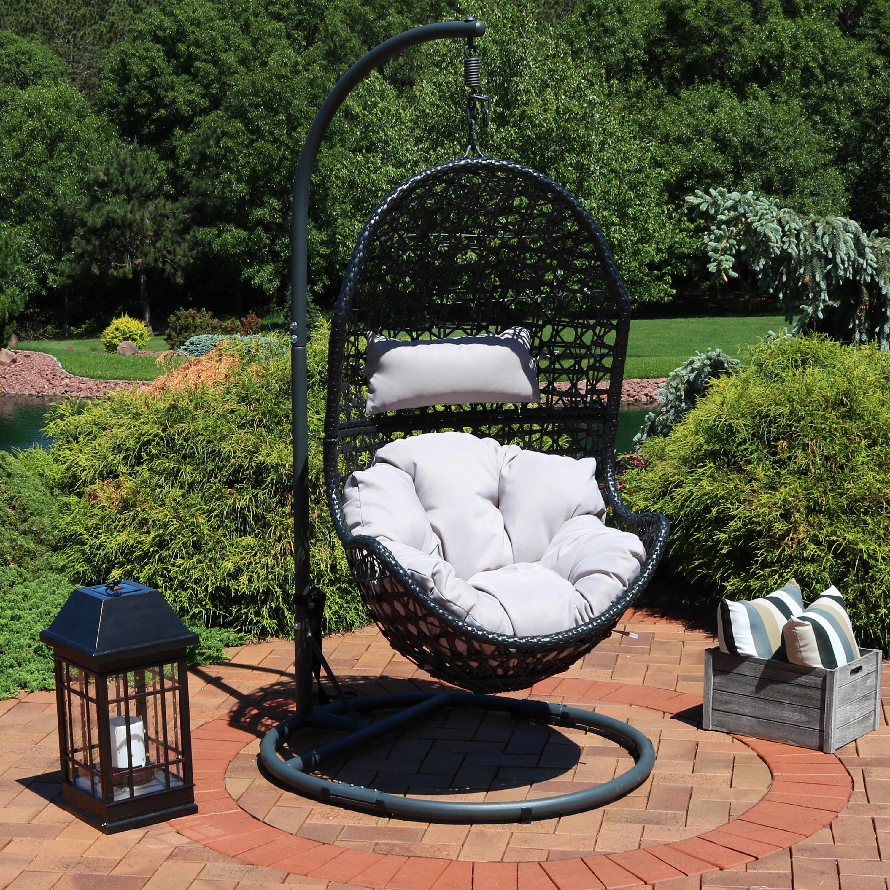  Sunnydaze Decor Cordelia Hanging Basket Egg Chair Swing with Cushion, Headrest, and Stand 3 Piece Set - Gray - Bonton