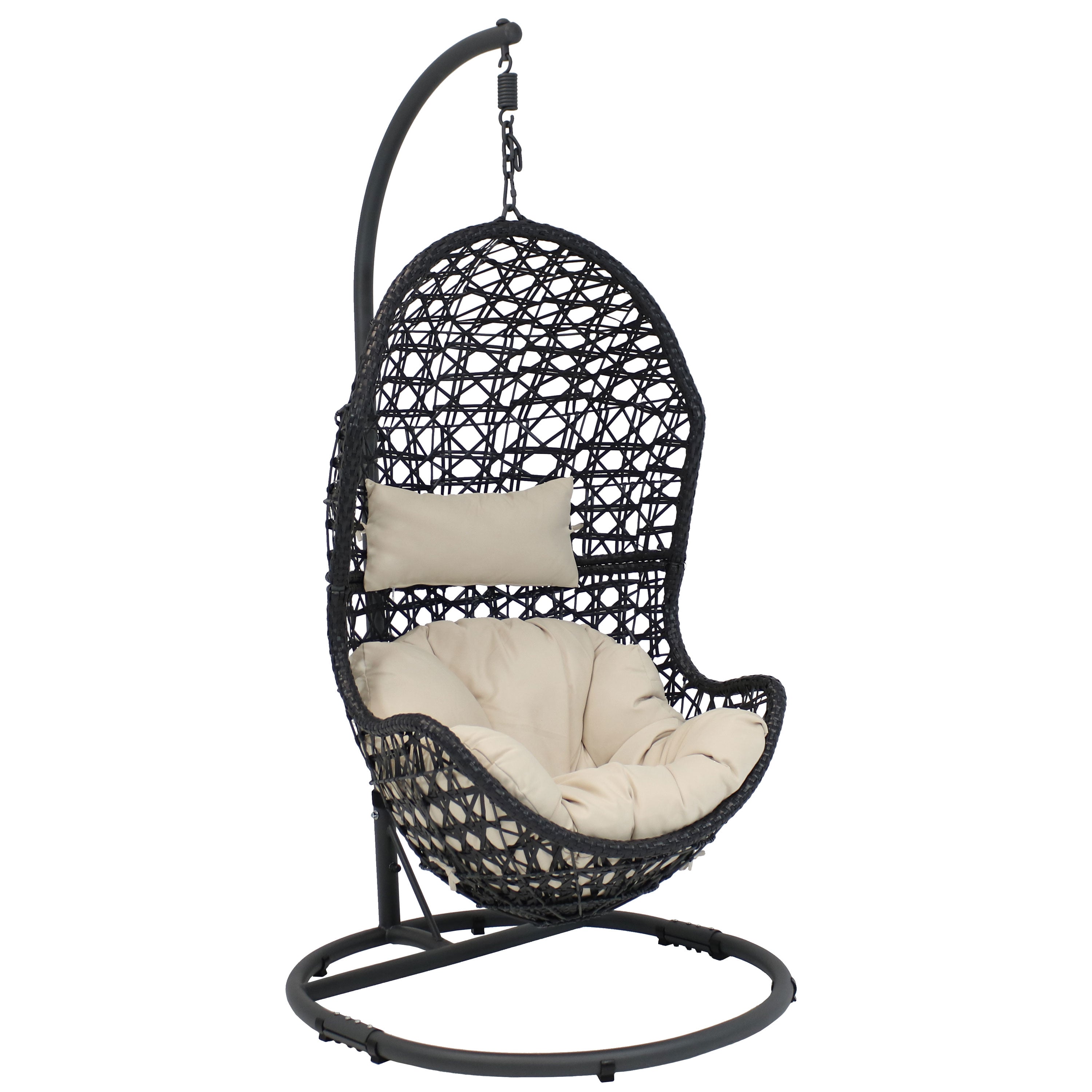  Sunnydaze Decor Cordelia Hanging Basket Egg Chair Swing with Cushion, Headrest, and Stand 3 Piece Set - Beige - Bonton