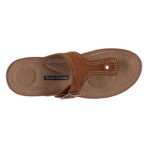 Women's Alani Cognac Embellished Thong Wedge Sandals