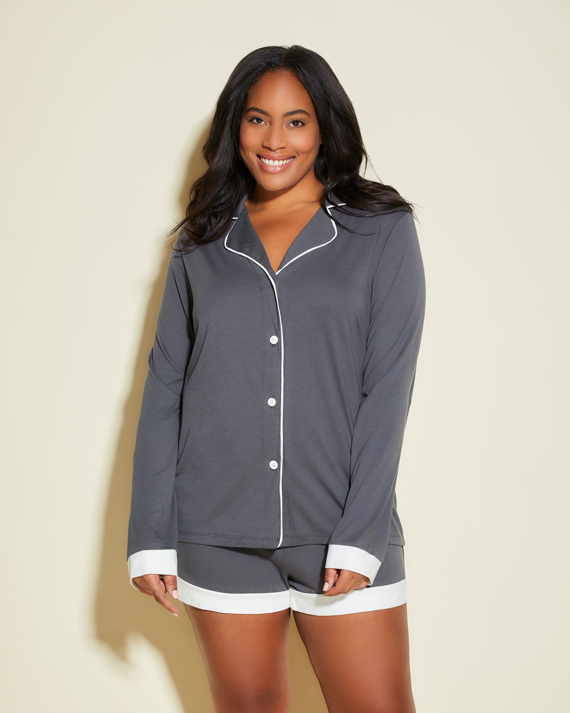  Cosabella Long Sleeve Top & Boxer Pajama Set - Anthracite/Ivory - Bonton