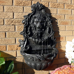 30"H Solar-Powered with Battery Pack Polyresin Stoic Courage Lion Head Wall-Mount Fountain