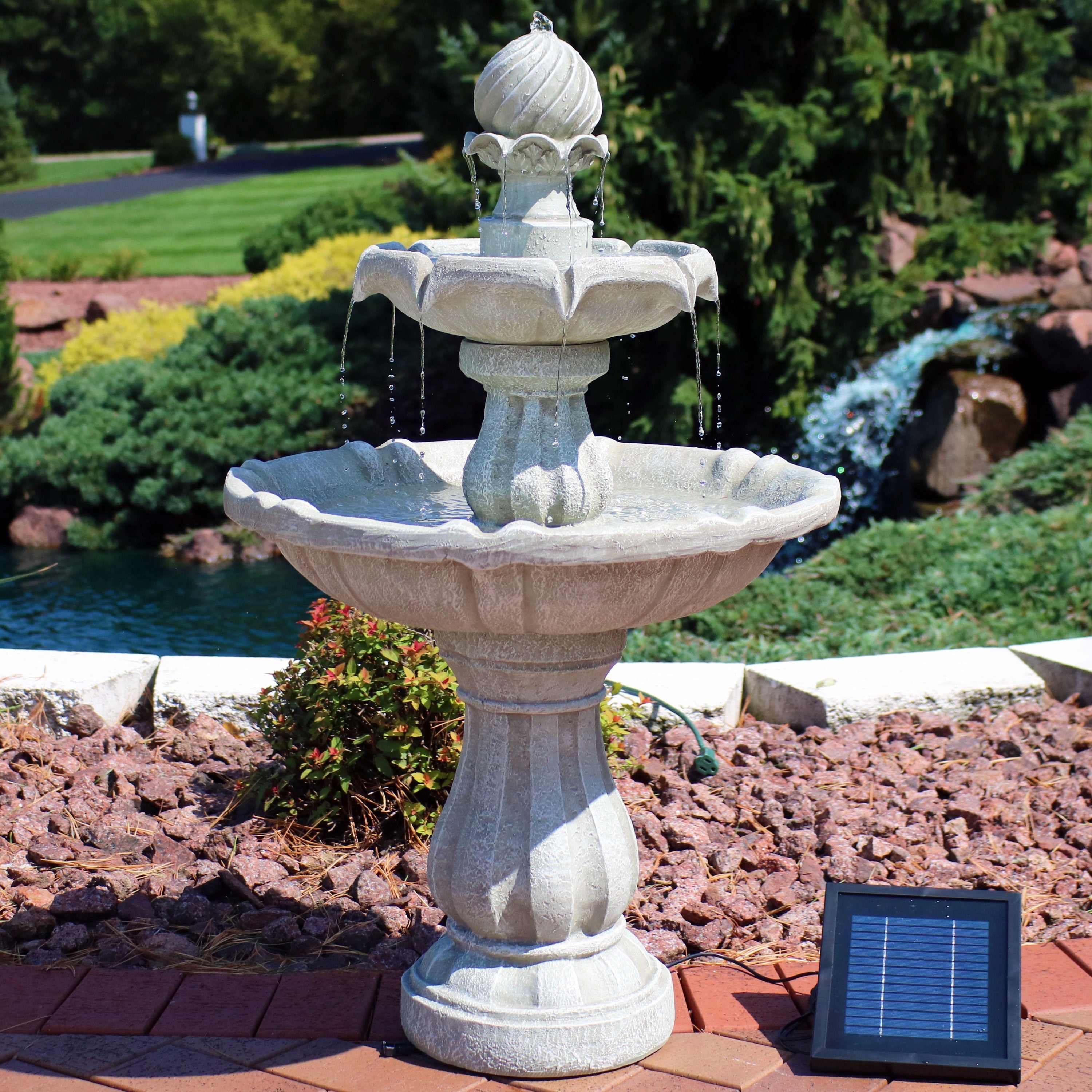  Sunnydaze Decor 2-Tier Solar Powered Water Fountain 35