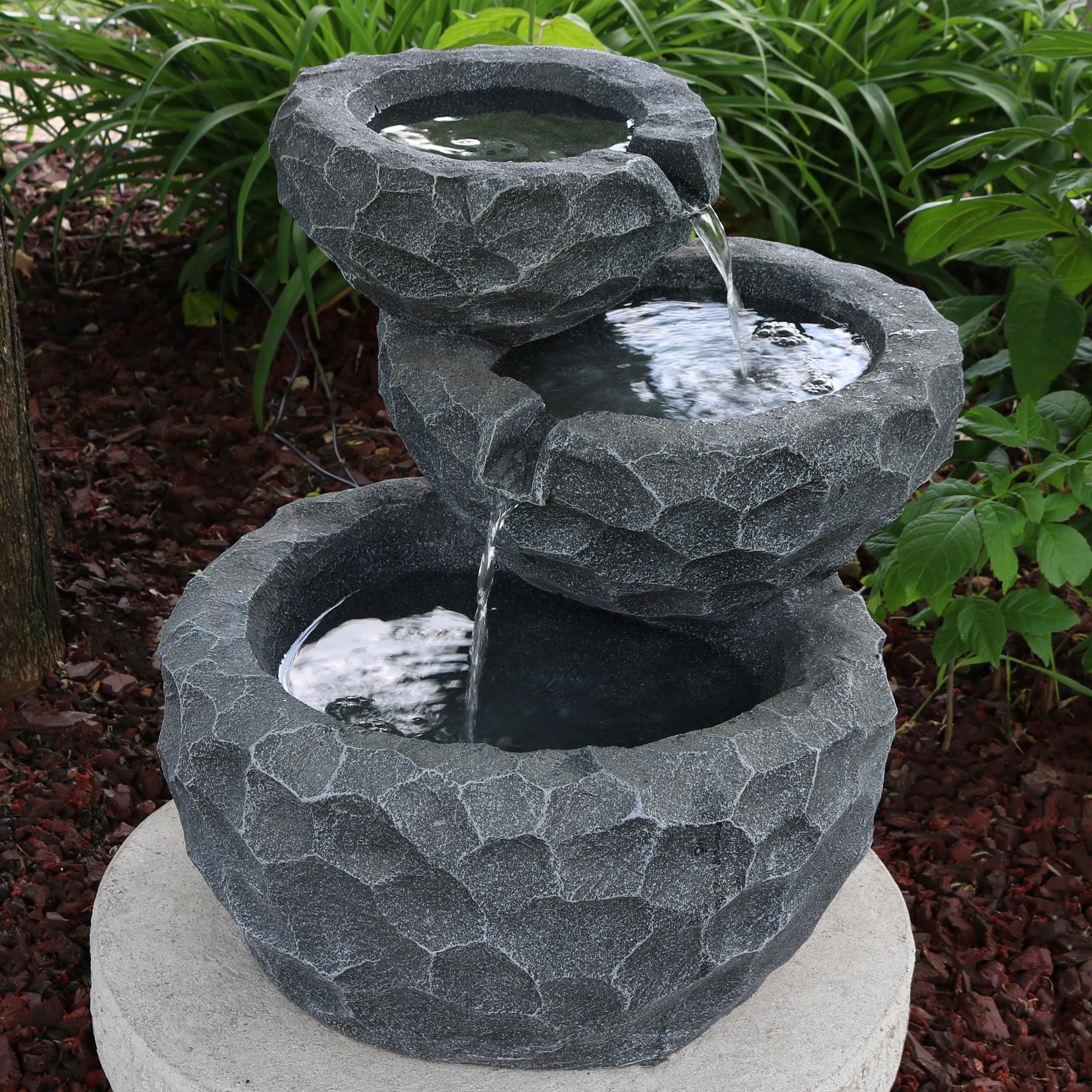  Sunnydaze Decor 3-Tier Chiseled Basin Solar Powered Water Fountain with Battery Backup and Submersible Pump - 22