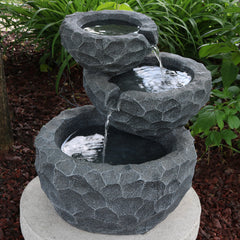 3-Tier Chiseled Basin Solar Powered Water Fountain with Battery Backup and Submersible Pump - 22"