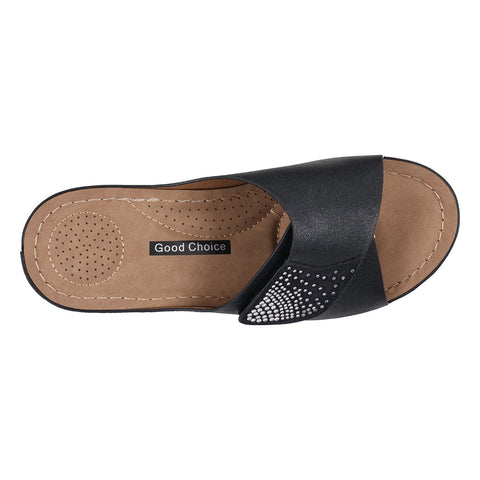 Women's Annora Black Embellished Velcro Wedge Sandals