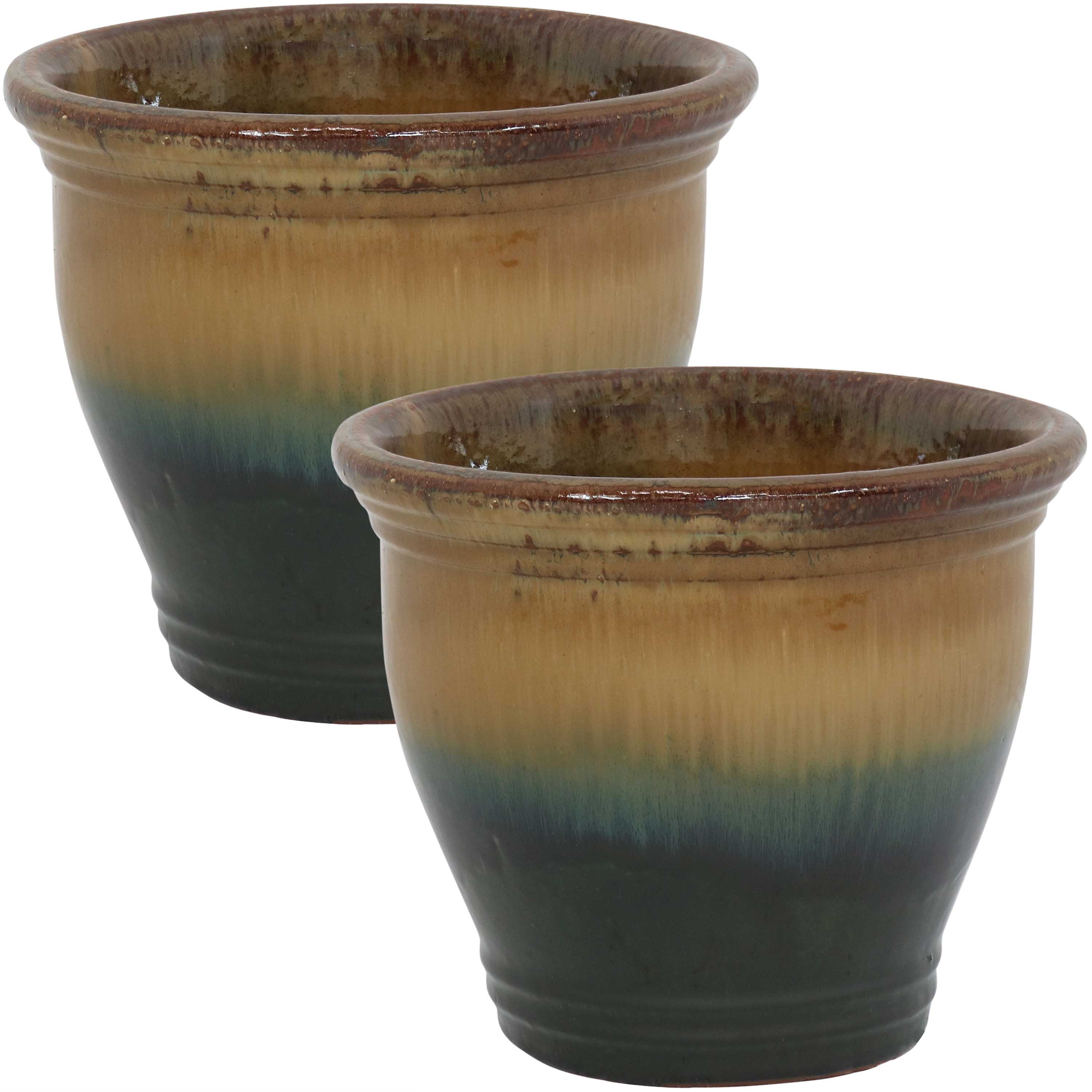  Sunnydaze Decor Studio UV and Frost-Resistant Ceramic Planter with Drainage Holes Set of 2 - Imperial Blue - Bonton