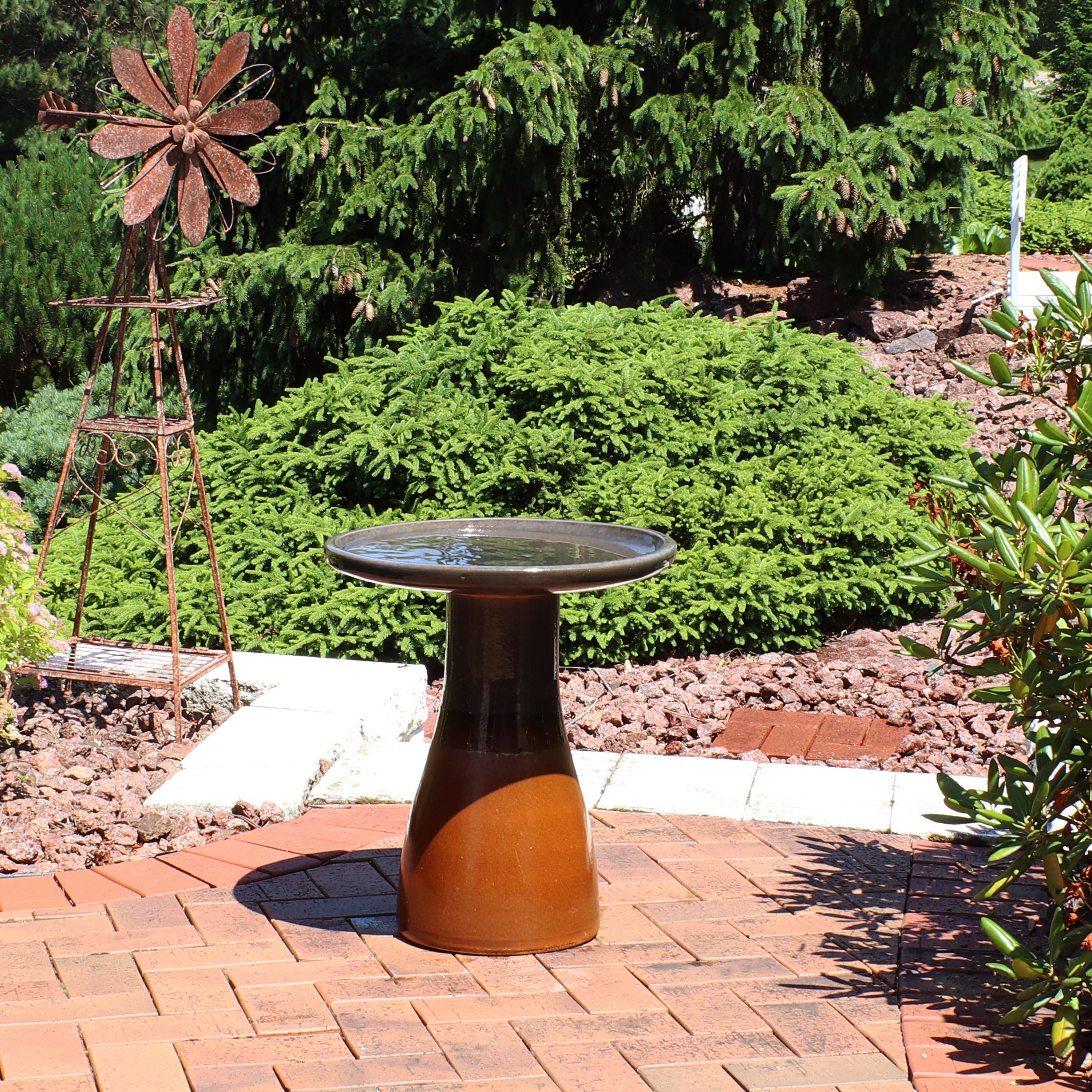  Sunnydaze Decor Weather-Resistant Ceramic Hand-Painted Duo-Tone Bird Bath - Lemon Cognac - Bonton