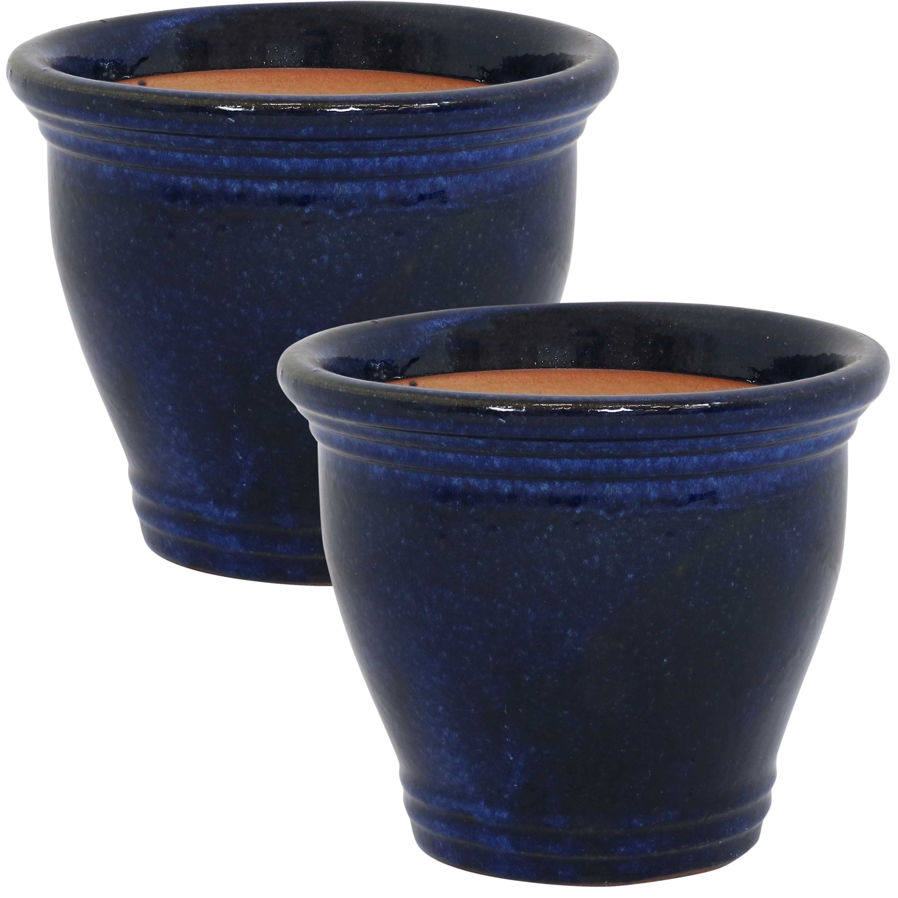  Sunnydaze Decor Studio UV and Frost-Resistant Ceramic Planter with Drainage Holes Set of 2 - Imperial Blue - Bonton