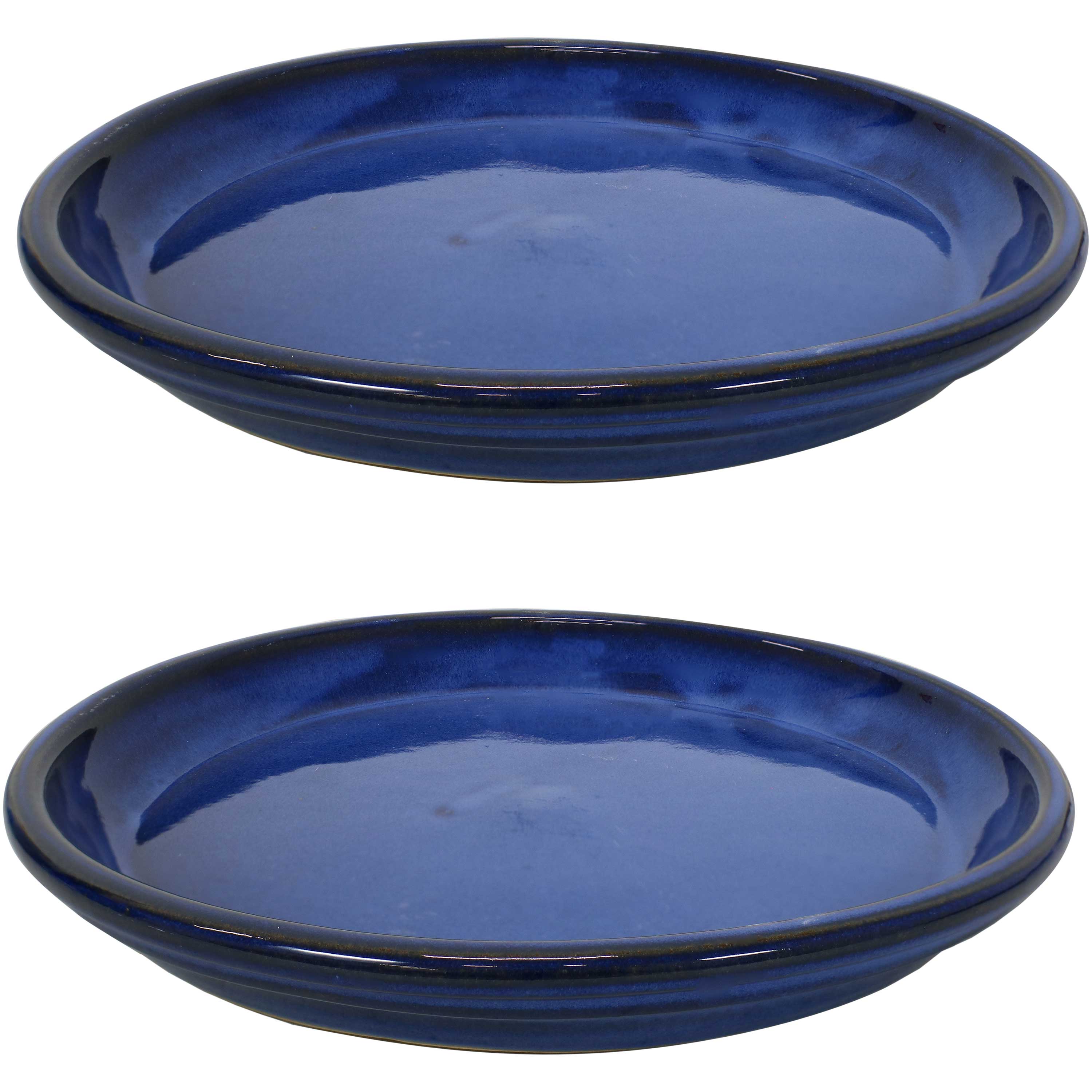  Sunnydaze Decor Ceramic High-Fired Glazed UV and Frost-Resistant Flower Pot Planter Saucers Set of 2 - Imperial Blue - Bonton