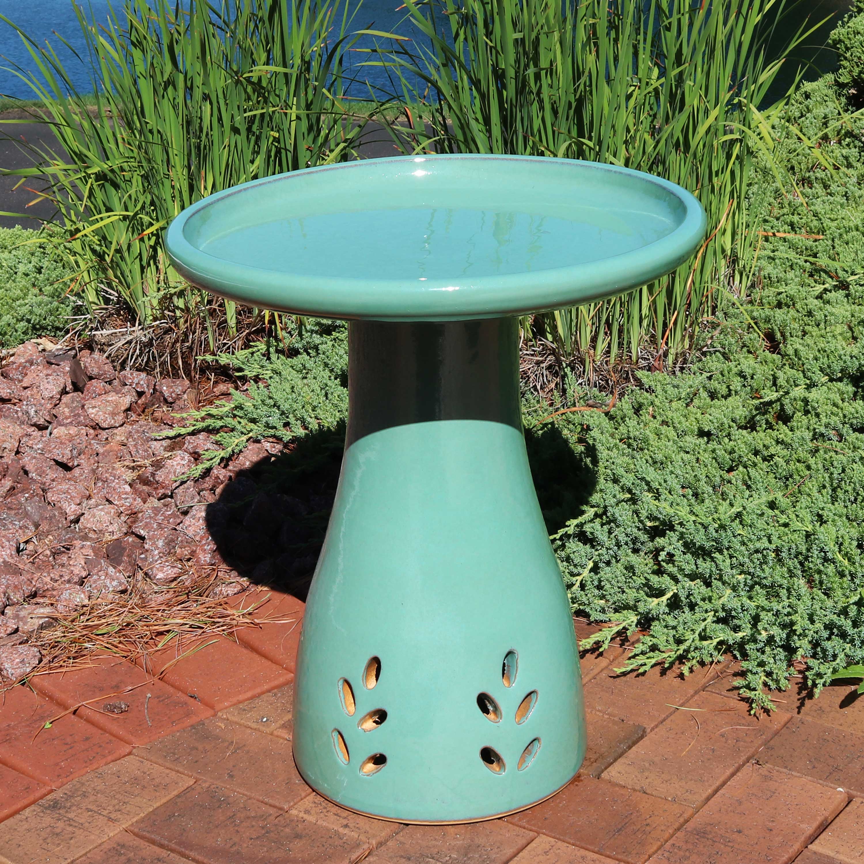  Sunnydaze Decor Weather-Resistant Ceramic Hand-Painted Bird Bath - Dark Blue - Bonton