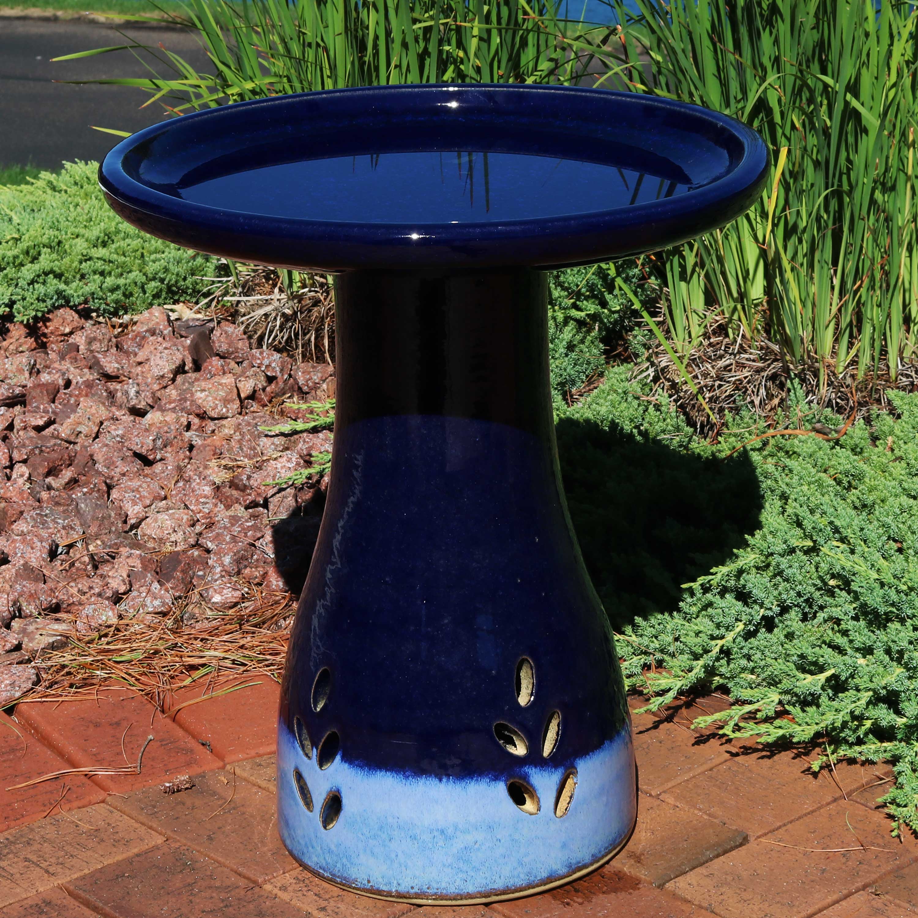  Sunnydaze Decor Weather-Resistant Ceramic Hand-Painted Bird Bath - Dark Blue - Bonton