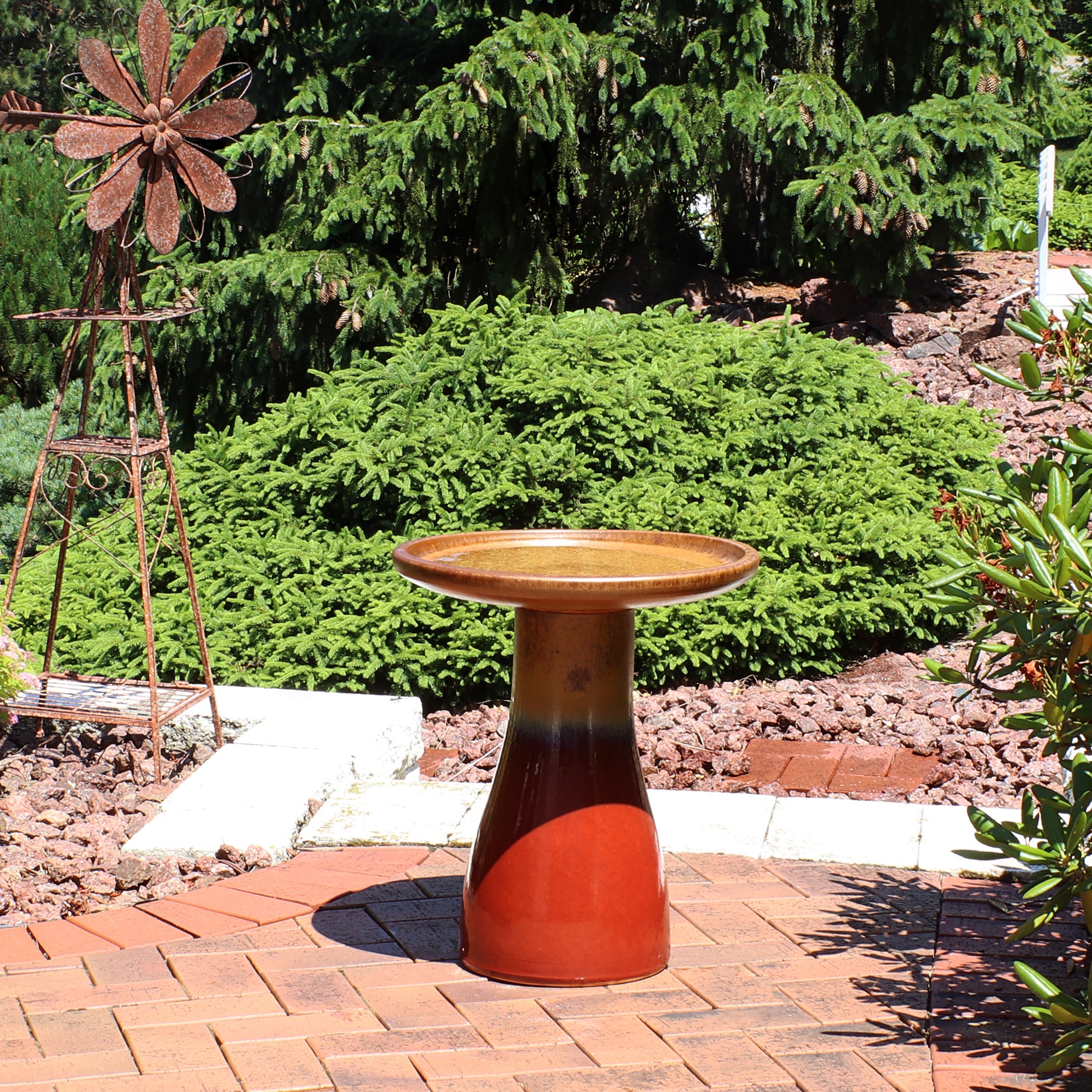  Sunnydaze Decor Weather-Resistant Ceramic Hand-Painted Duo-Tone Bird Bath - Lemon Cognac - Bonton