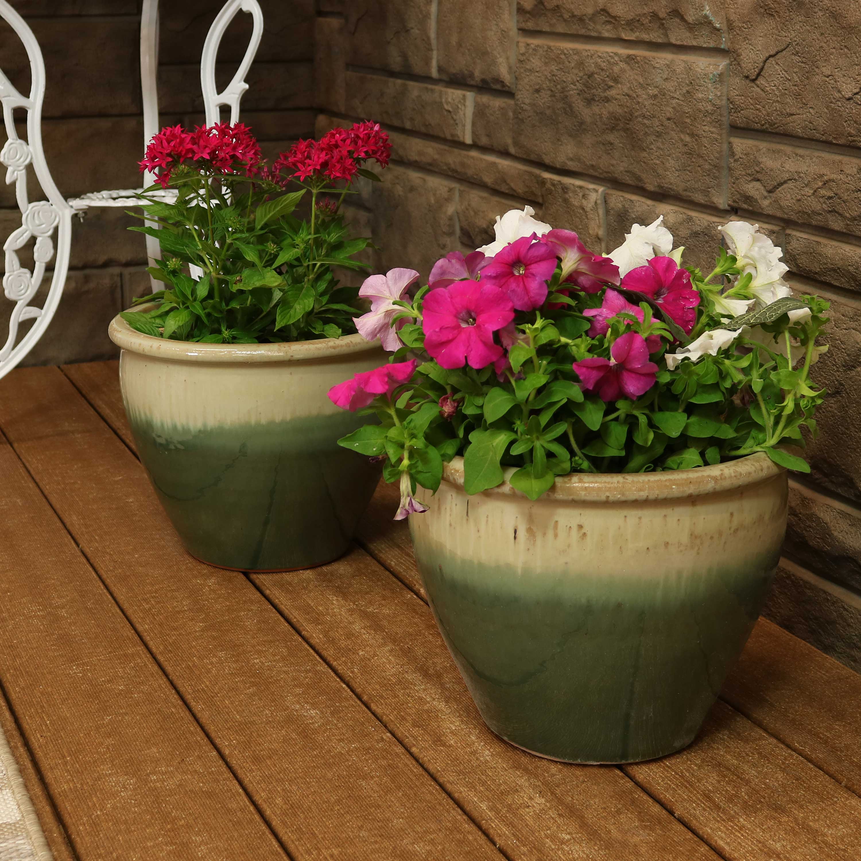  Sunnydaze Decor Chalet UV and Frost-Resistant Ceramic Flower Pots with Drainage Holes Set of 2 - Forest Lake Green - Bonton