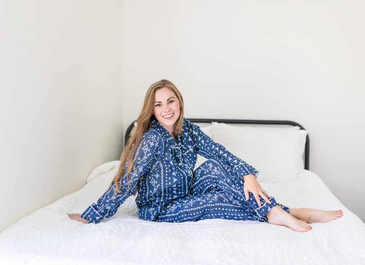  Alto Modas Myra Indigo Print Women's Nightwear Long Sleeve Shirt & Pajama Set - Indigo Print - Bonton