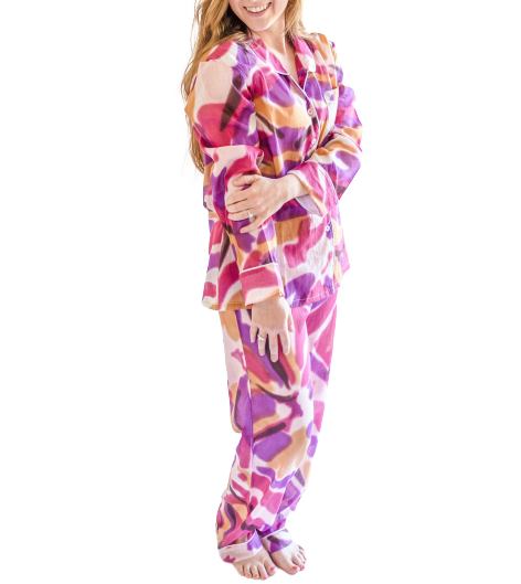  Alto Modas Myra Peri Tie-Dye Print Women's Nightwear Long Sleeve Shirt & Pajama Set - Tie-Dye Print - Bonton