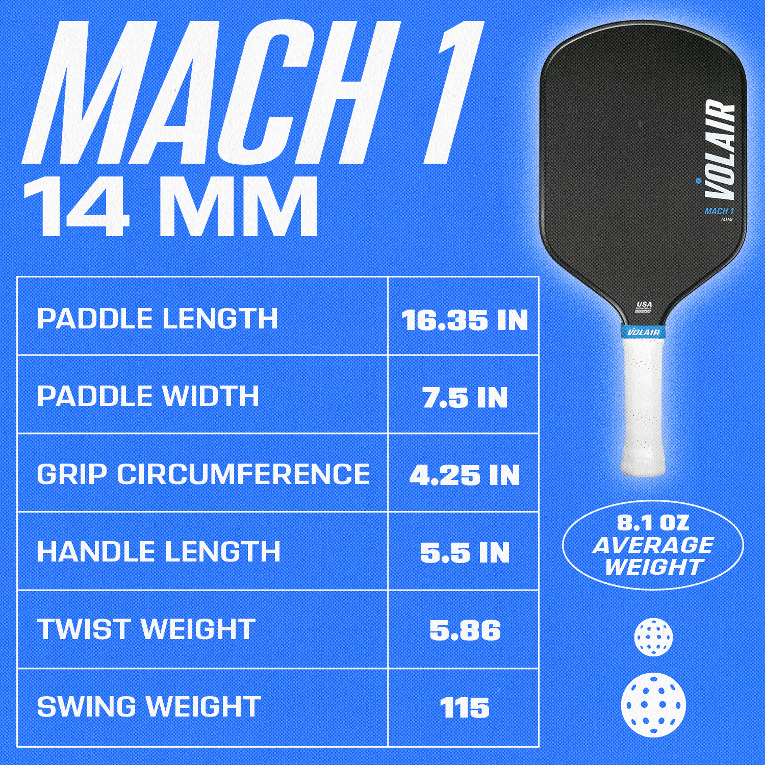  Volair Pickleball Mach 1 Pickleball Paddle by Volair Pickleball - 14 mm - Bonton