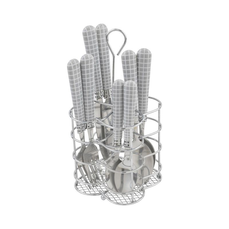  French Home Bistro Geometric Grid Flatware Set - Cool-Toned Gray and White - Bonton