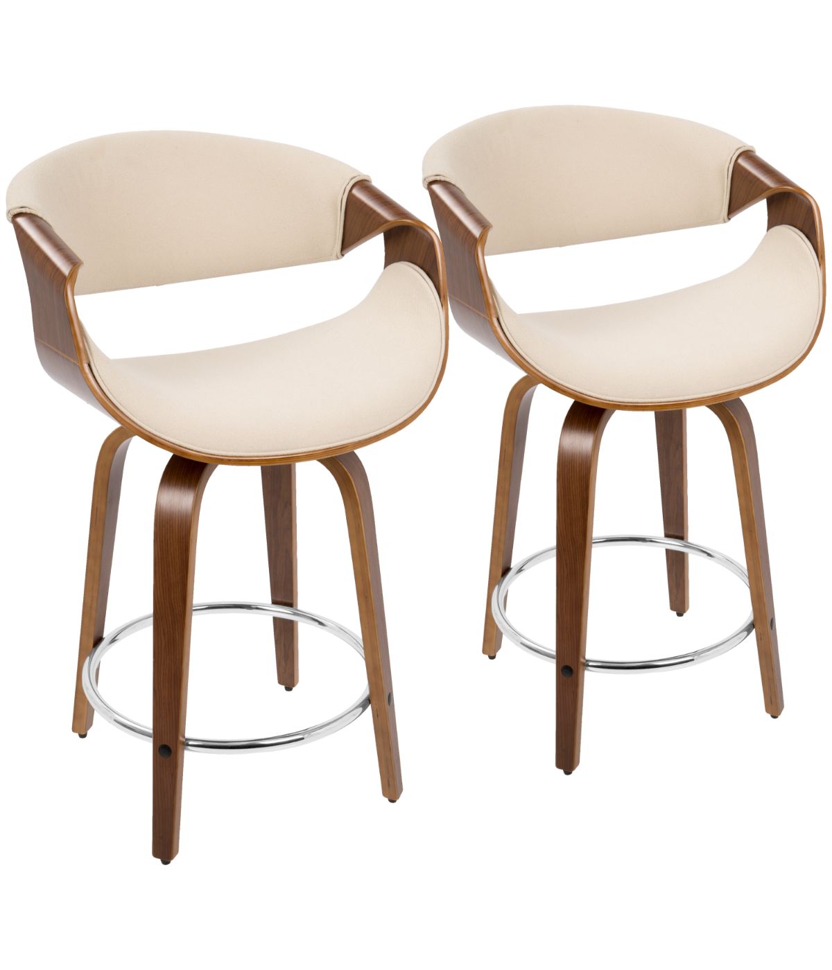  LumiSource Curvini 24'' Fixed Height Counter Stool - Set of 2 Walnut, Cream & Chrome - Walnut, Cream & Chrome - Bonton