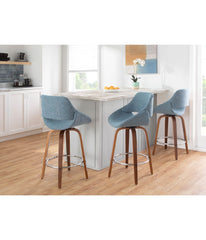 Fabrico Counter Stool with Chrom Footrest Set of 2 Walnut, Blue & Chrome