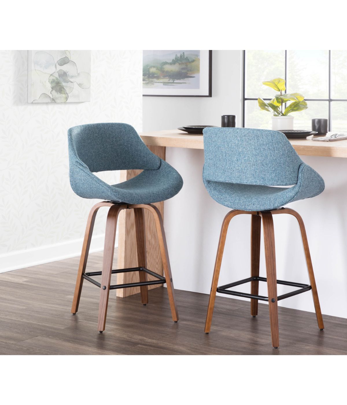  LumiSource Fabrico Counter Stool with Square Black Footrest Set of 2 Walnut, Blue & Black - Walnut, Blue & Black - Bonton