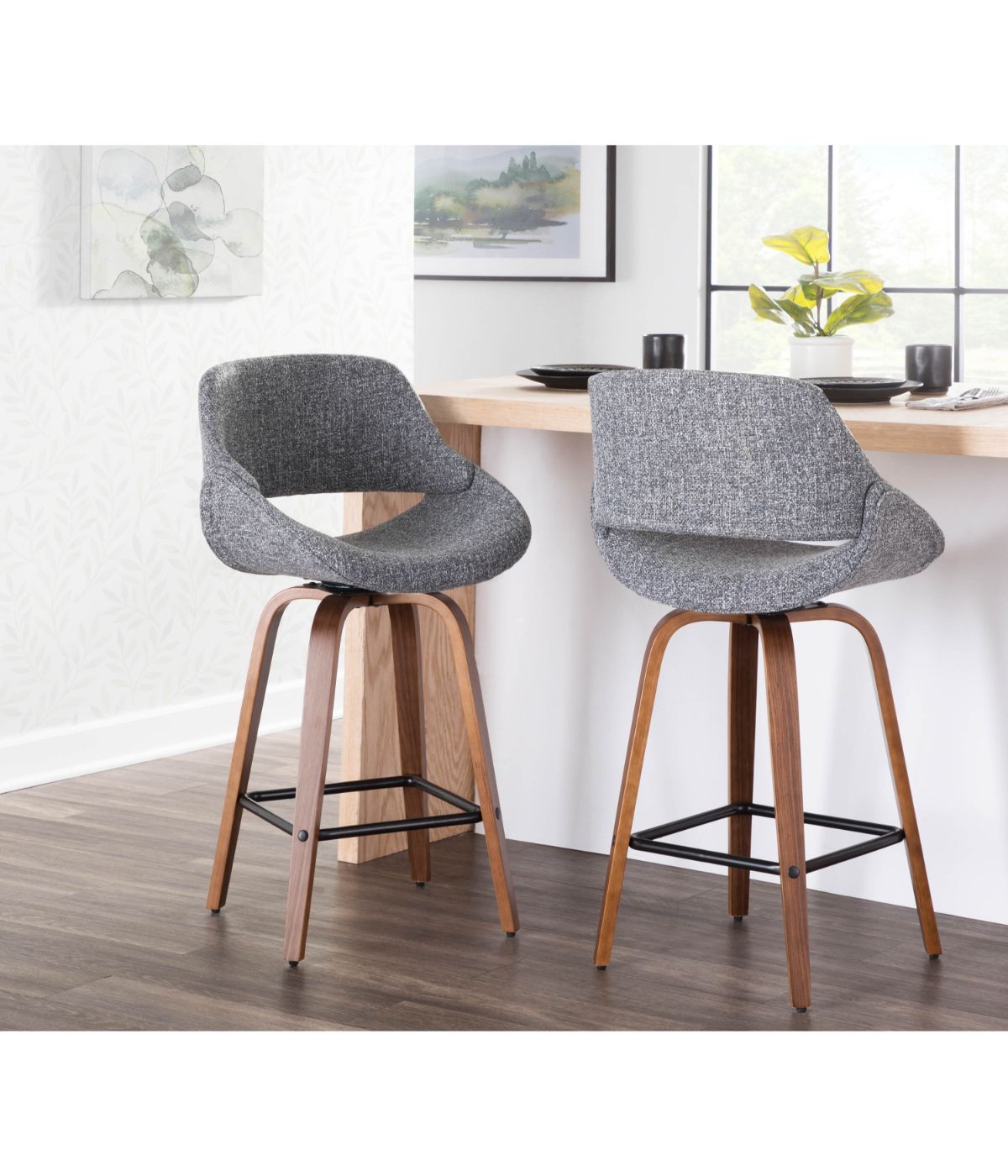  LumiSource Fabrico Counter Stool with Square Black Footrest Set of 2 Walnut, Grey & Black - Walnut, Grey & Black - Bonton