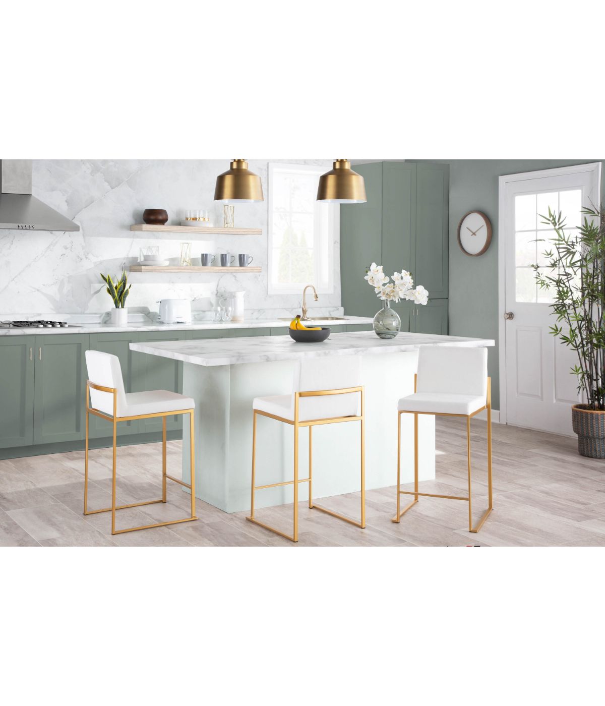  LumiSource Fuji High Back Counter Stool - Set of 2 Gold & White - Gold & White - Bonton