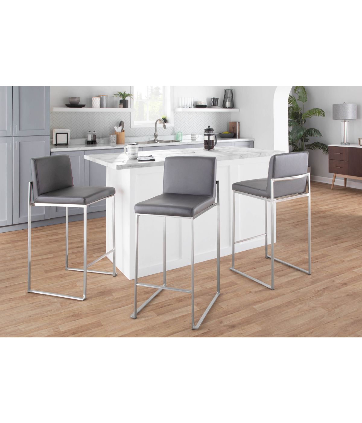  LumiSource Fuji High Back Counter Stool - Set of 2 Silver & Grey - Silver & Grey - Bonton