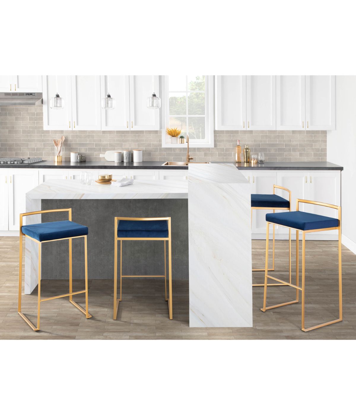  LumiSource Fuji Stacker Gold Counter Stool - Set of 2 Gold & Blue - Gold & Blue - Bonton