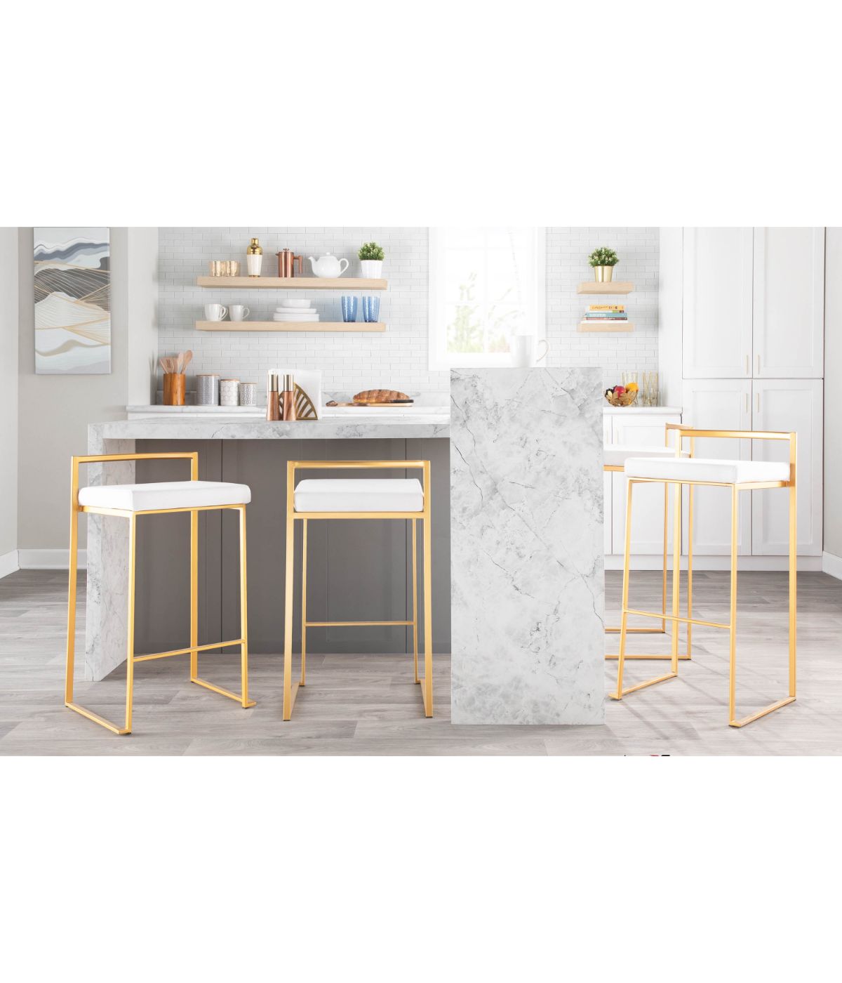  LumiSource Fuji Stacker Gold Counter Stool - Set of 2 Gold & White - Gold & White - Bonton