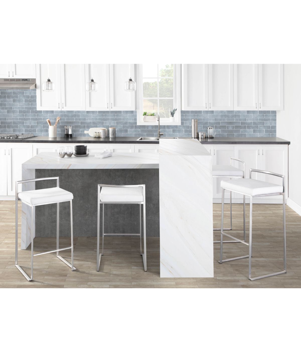  LumiSource Fuji Stacker Counter Stool - Set of 2 Brushed Silver & White - Brushed Silver & White - Bonton