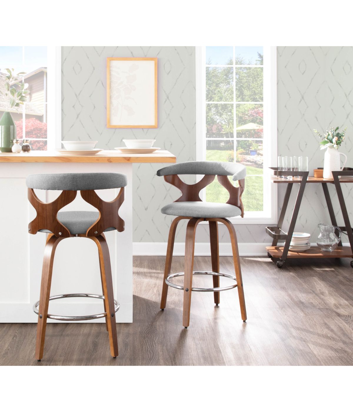  LumiSource Gardenia Counter Stool - Set of 2 Walnut, Light Grey & Chrome - Walnut, Light Grey & Chrome - Bonton