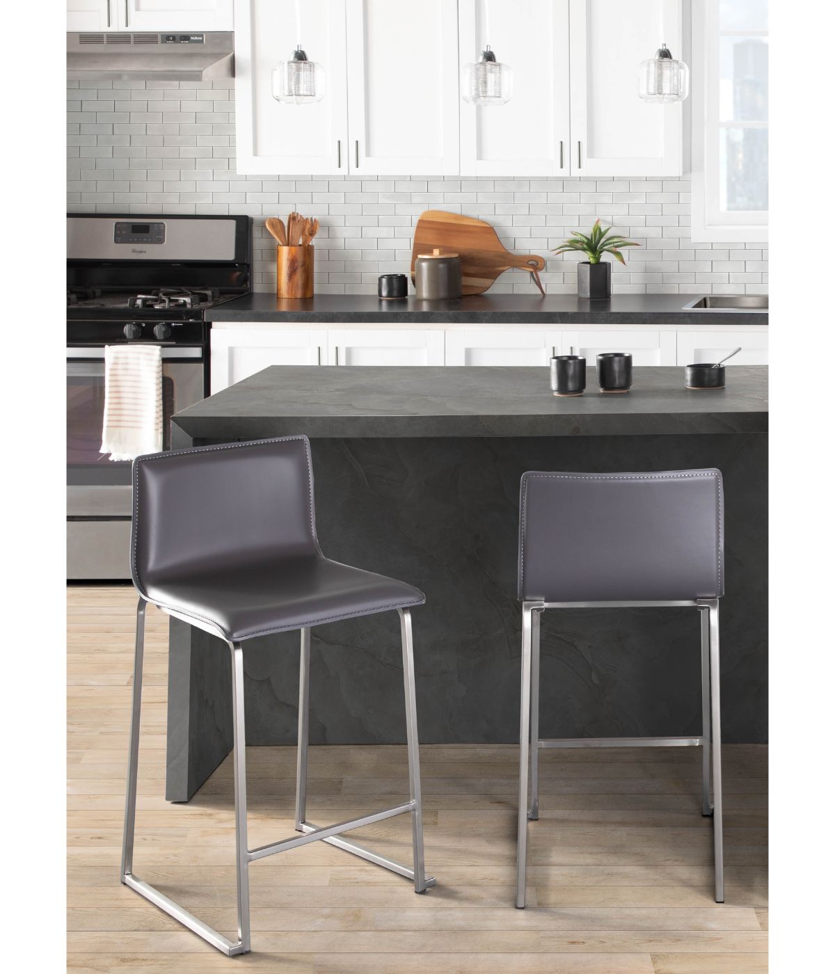  LumiSource Mara Counter Stool - Set of 2 Silver & Grey - Silver & Grey - Bonton