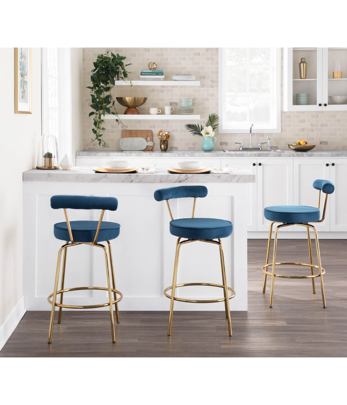  LumiSource Rhonda Counter Stool - Set of 2 Gold & Blue - Gold & Blue - Bonton